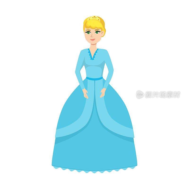 年轻美丽的公主与金发在蓝色蓝绿色连衣裙，卡通矢量插图。优雅的童话女人穿着彩色的服装和连衣裙