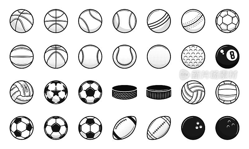 一套28运动老式球图标。板球，棒球，美式橄榄球，足球，排球，高尔夫，篮球，曲棍球。运动图标孤立在白色背景。矢量插图。