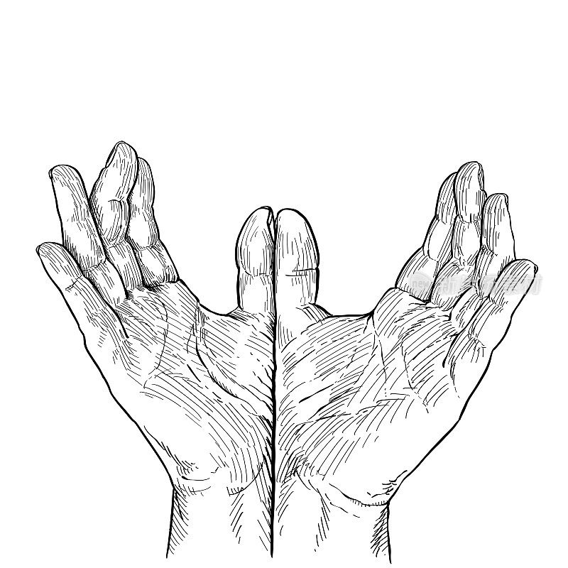 两只张开的手，由拇指连在一起，表示接受。手语，非语言交流。黑白矢量插图在白色背景