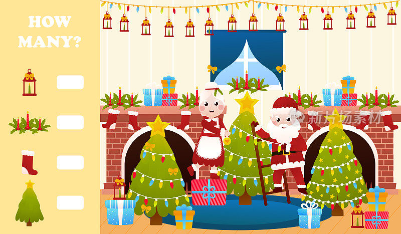 圣诞谜语的孩子与圣诞老人和圣诞夫人装饰树，可打印工作表的孩子