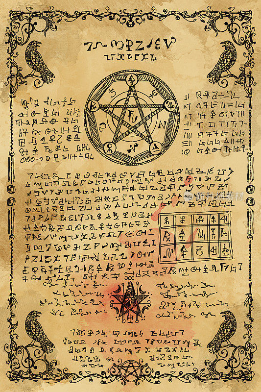 数字插图手绘。巫术旧书与魔法咒语，巫术和神秘符号。