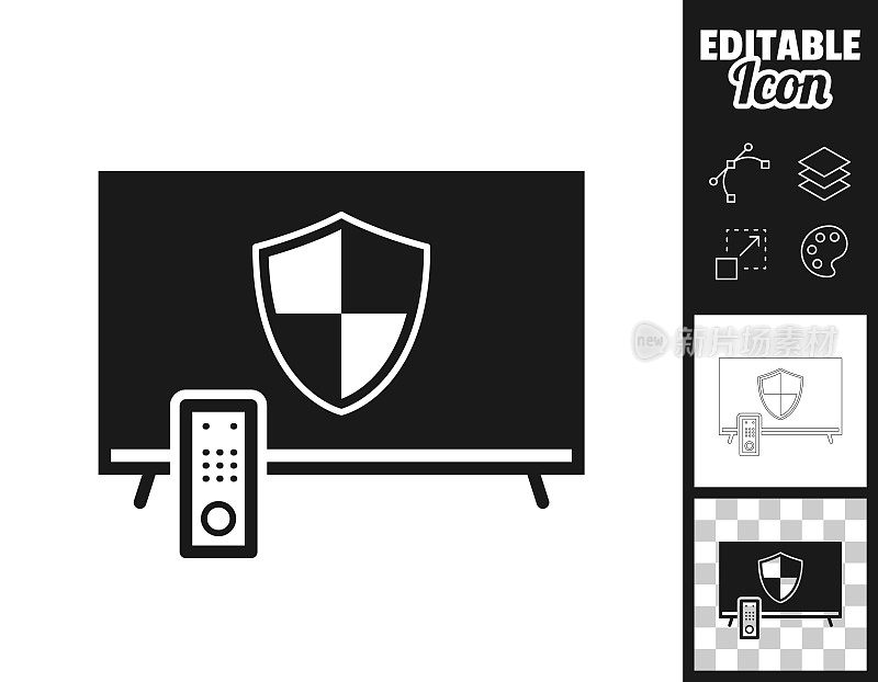 电视与盾牌。图标设计。轻松地编辑