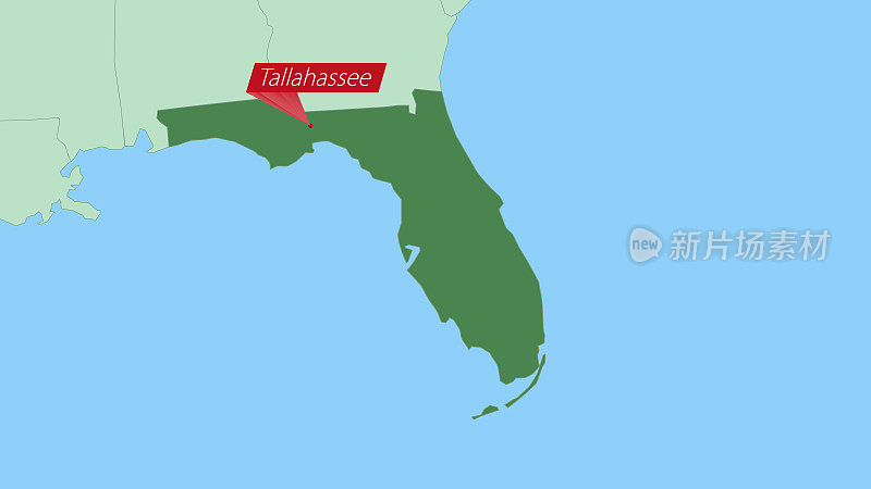 佛罗里达州地图，上面有州首府的别针。