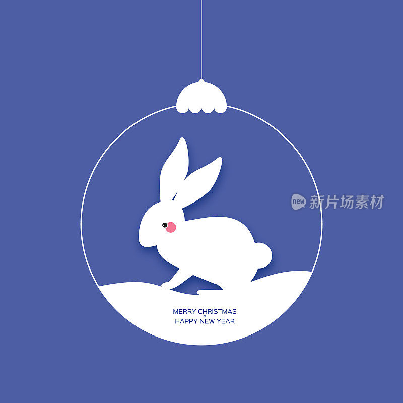 和兔子的圣诞舞会。2023年生肖兔年，兔年快乐。可爱的兔子。圣诞节的时间。蓝色的。