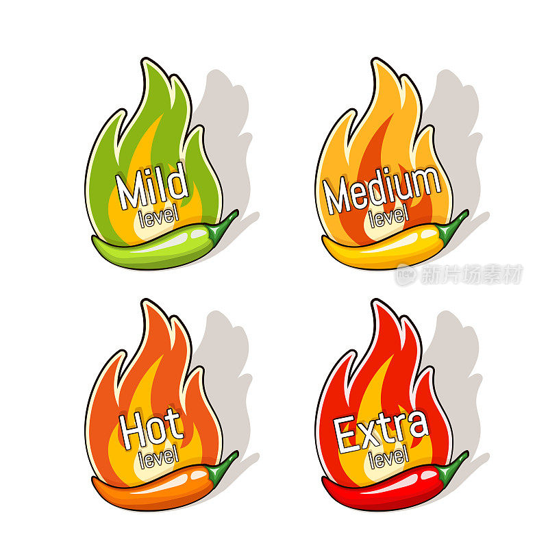 一套徽章与辣椒豆荚和火焰从后面。微辣、中辣、辣和超辣。辣酱或其他辛辣食物的标志设计