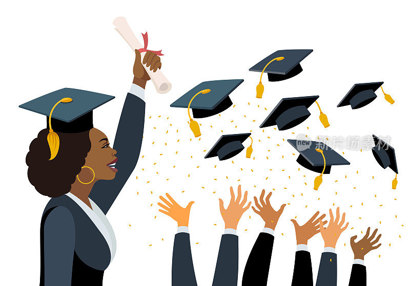 年轻的非裔美国女性毕业典礼。学生们把毕业帽抛向空中。