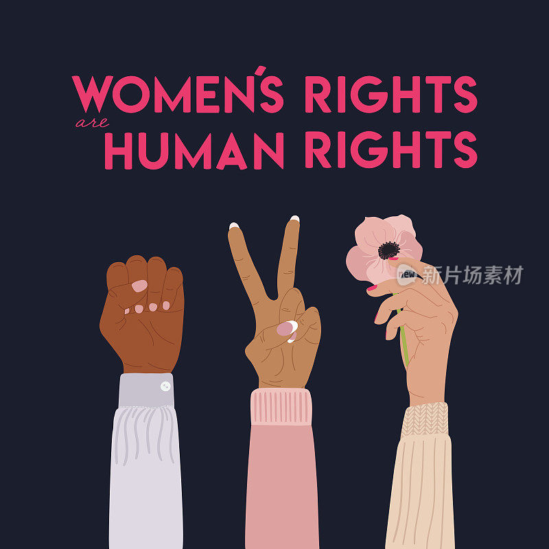 “女权”是高举拳头、v字形手势、手持鲜花的各种人权海报。女性赋权，女孩力量，女权主义，姐妹概念。手绘矢量插图。