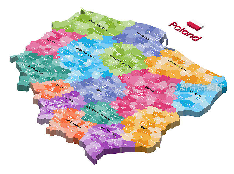 波兰行政区划等距地图，由各省着色