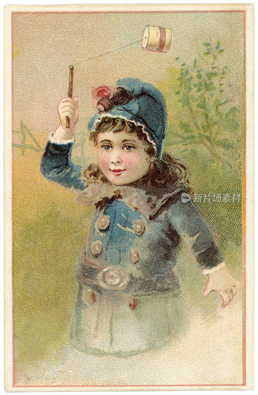 维多利亚时代的女孩玩小鼓玩具