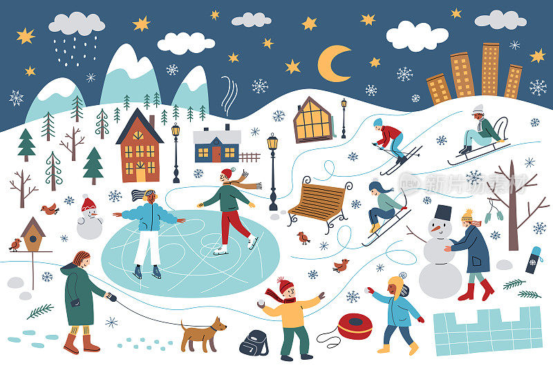 人们在冬天的公园里玩得很开心，有雪，手绘的风景，涂鸦的树，房子，卡通人物的矢量插图