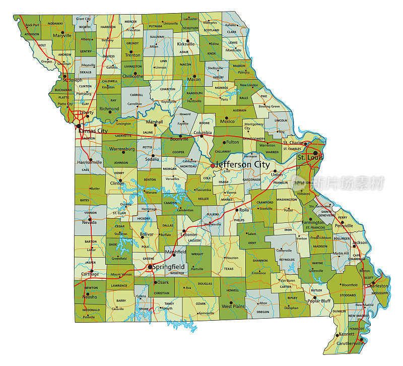 高度详细的可编辑的政治地图与分离的层。密苏里州。