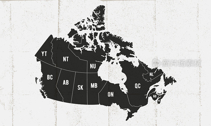 加拿大地图与省和地区。复古加拿大地图与缩短的省份名称。海报的加拿大地图与旧地图纹理。矢量插图。