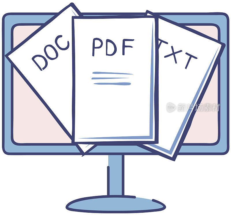 笔记本电脑屏幕上的文件格式和标签集。计算机界面元素，文件图标