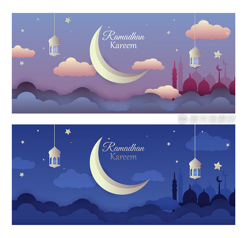 夜间有月亮、星星、灯笼和云彩的伊斯兰清真寺。斋月kareem问候横幅模板矢量