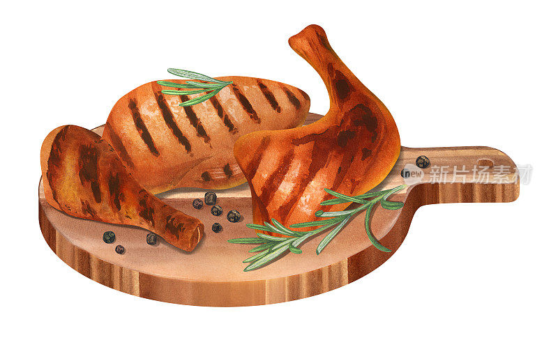 水彩画组在木板上烧烤烤鸡排。手绘插图孤立在白色背景。完美的菜单屠宰食品，肉类产品