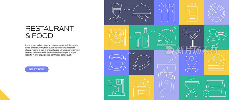 餐厅网站横幅与线性图标，新潮的线性风格矢量