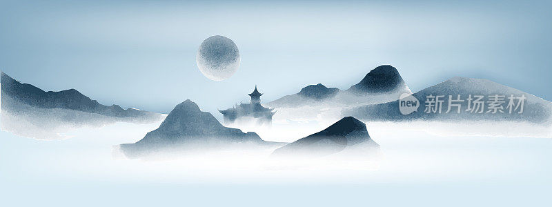 最小的山地景观，矢量水彩中国禅宗背景，东方寺庙，雾山。