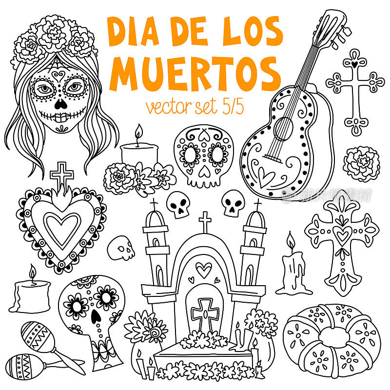 亡灵节的涂鸦套装。亡灵节。传统的墨西哥标志-糖头骨，祭坛，十字架，装饰坟墓，万寿菊花，蜡烛，民间艺术和工艺品。