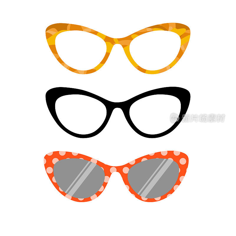剪影一套猫眼睛眼镜，眼镜和太阳镜在平面矢量。