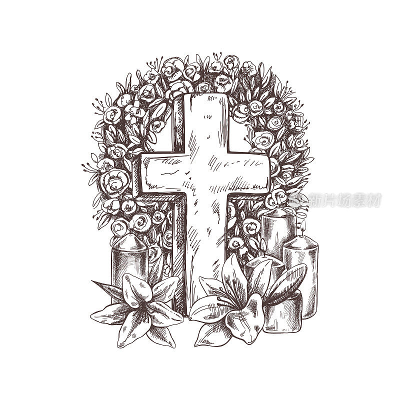 古老的大理石基督十字架与花圈，蜡烛和百合花。矢量手绘孤立插图在白色背景。素描象征耶稣、死亡、墓地、基督教、宗教、信仰、信任和复活