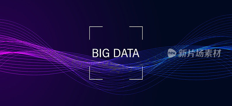 数字浪潮的概念，大数据飘动的数据采集数据处理和数据分析在一个美丽的未来背景。