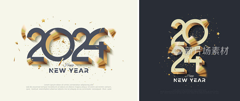 3d设计2024年新年快乐，优雅奢华的金色数字。为横幅，海报，日历和社交媒体的高级矢量设计。