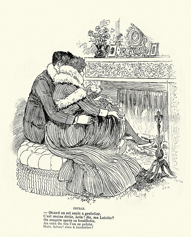复古法国卡通，浪漫田园诗，热恋中的年轻夫妇在篝火前取暖，19世纪90年代，19世纪的幽默喜剧