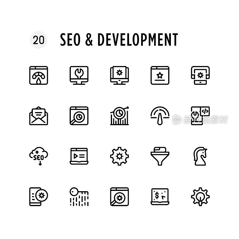 SEO和开发线图标集。可编辑的中风。像素完美。