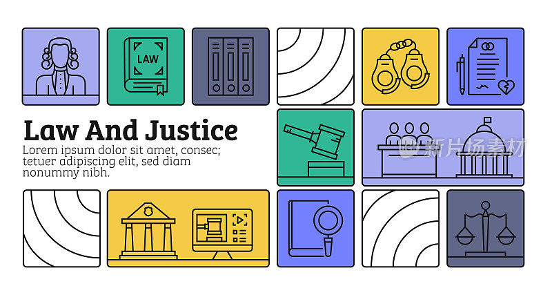 法律和正义线图标集和横幅设计。法庭，法律，法官，犯罪，证人，陪审团，调查