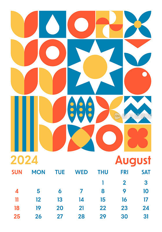 2024年8月日历-抽象几何包豪斯形状风格。矢量色彩艺术设计