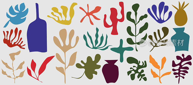 矢量集手工制作的颜色植物叶有机形状符号元素收集在白色的背景