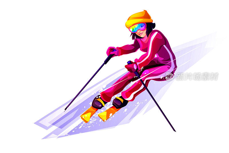 速度运动和冒险概念的卡通风格。年轻的女孩滑雪在一个孤立的白色背景。