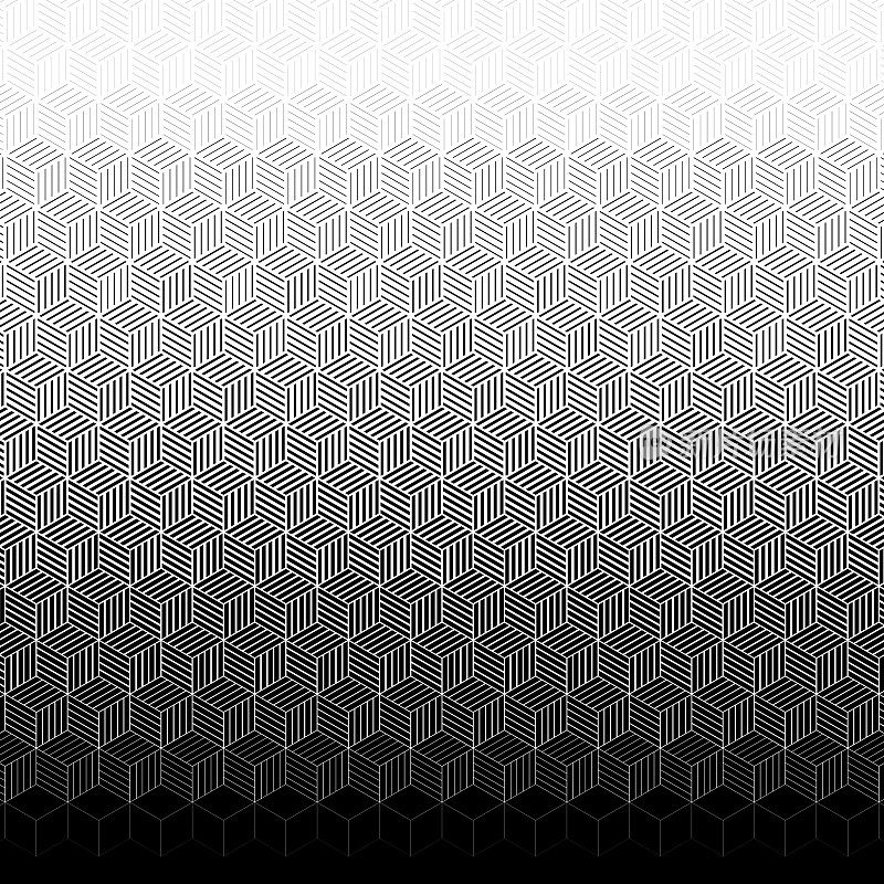 黑白立方体的无缝渐变图案创造了三维效果，逐渐渐变为灰色。