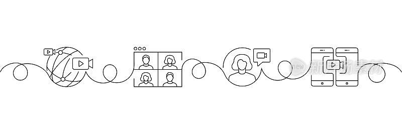 连续一行绘制在线会议图标的概念。单线矢量插图。混合工作，互联网，连接，移动应用。