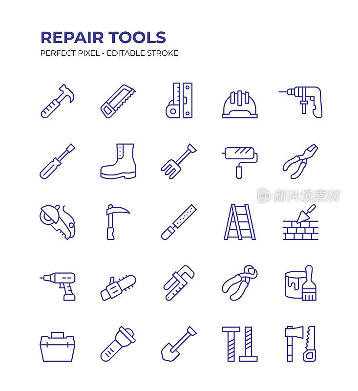 维修工具可编辑的线条图标集包含这样的图标扳手，斧头，手锯，钻，铲，画笔，钳子，工作工具等