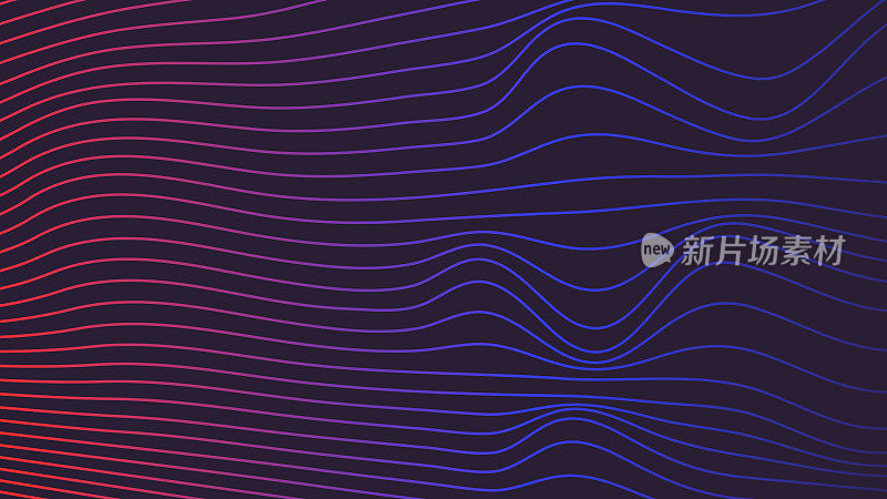 抽象的蓝色和红色平滑流动的波浪线在深黑色的背景。动态声波元件设计。
