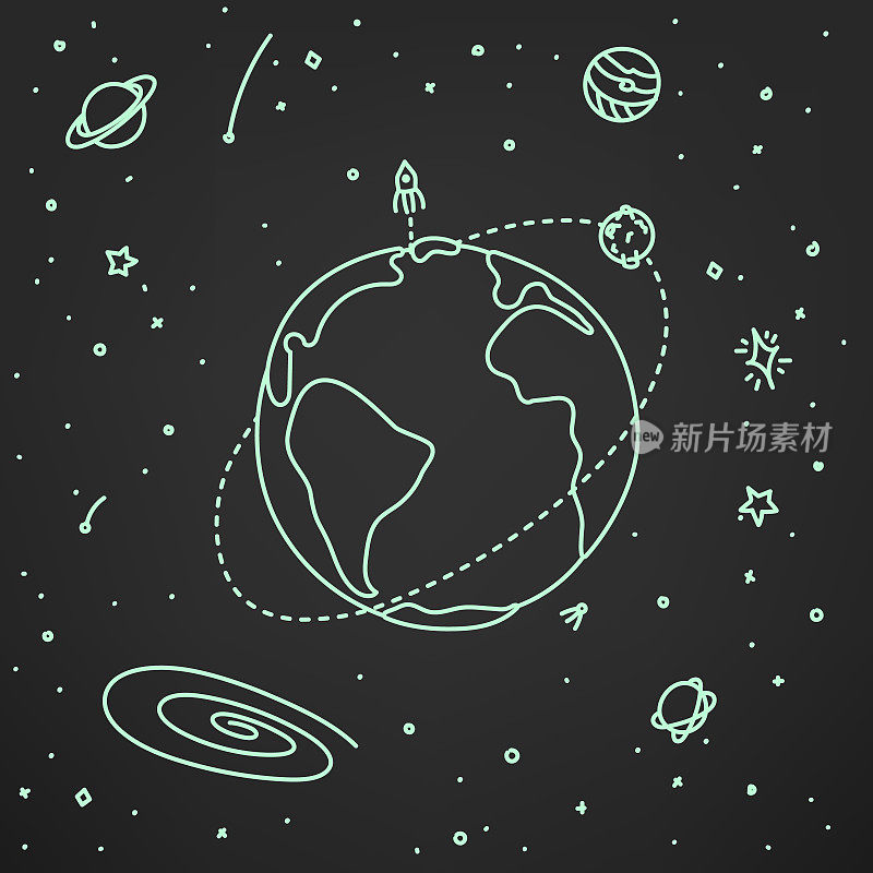 涂鸦空间元素矢量插图。空间背景。插图与行星，星星和星船