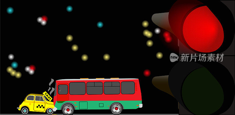 一辆出租车和一辆公共汽车在红灯时相撞。矢量插图。