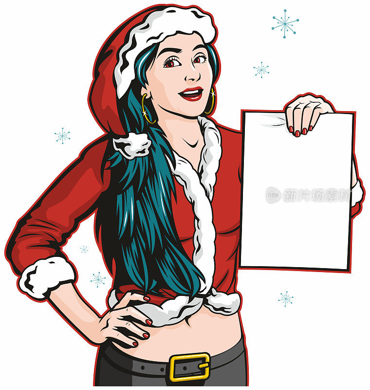 波普艺术插图的一个快乐的圣诞节女人与空白的标志