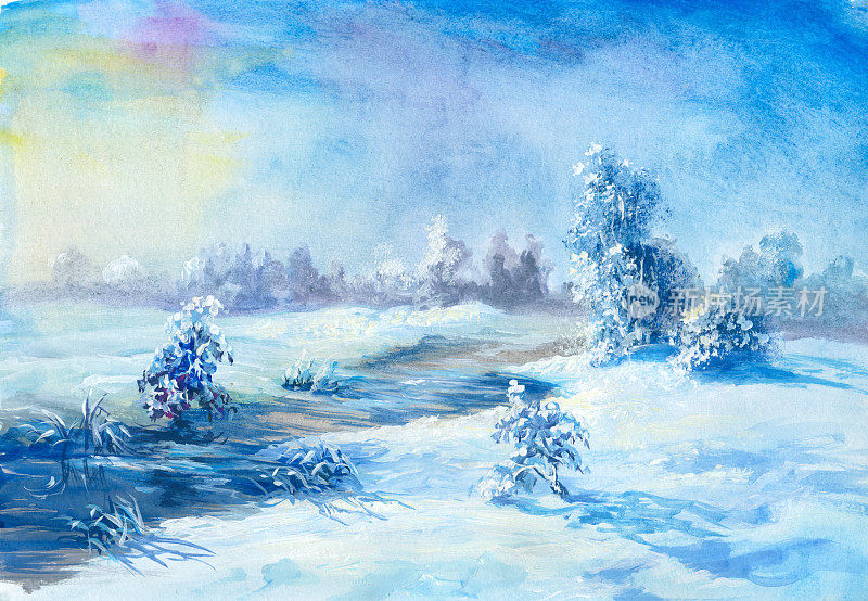 冬季风景，水彩画