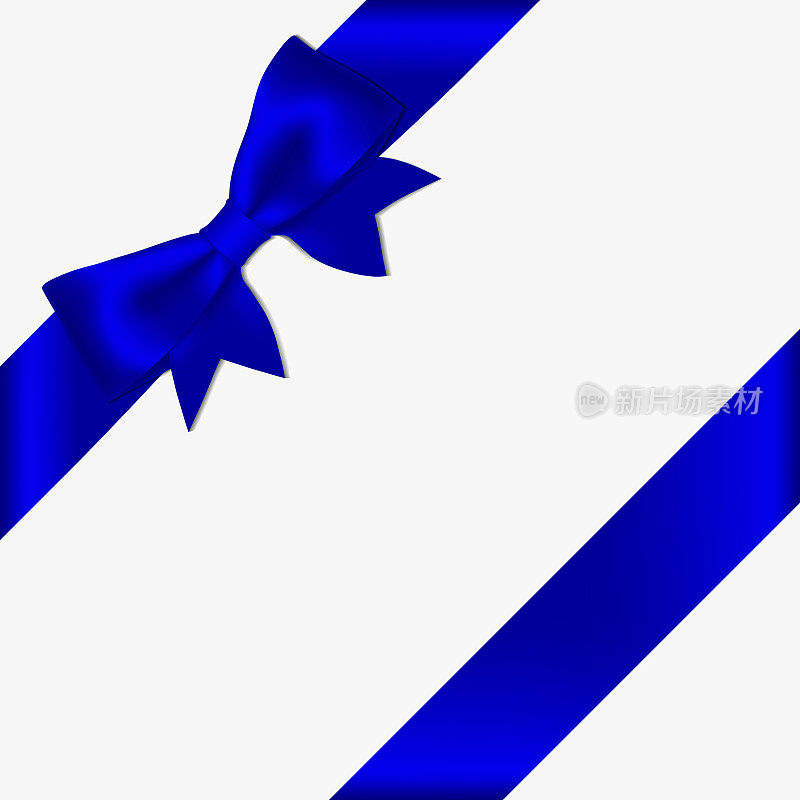 现实的装饰闪亮缎蓝丝带蝴蝶结和丝带，孤立在白色的背景。