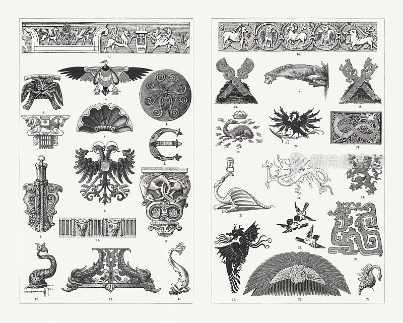 历史动物饰品，木刻，出版于1897年