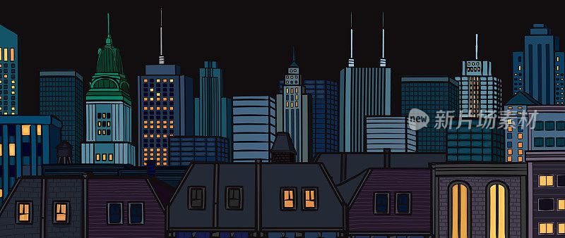 夜市景观手绘插图和设计水平网页横幅