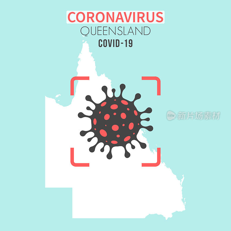 昆士兰地图，红色取景器显示冠状病毒细胞(COVID-19)