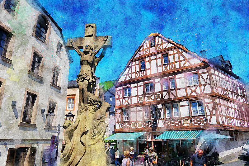 德国莱茵兰-普法尔茨的摩泽尔谷。有耶稣雕像的商业街。