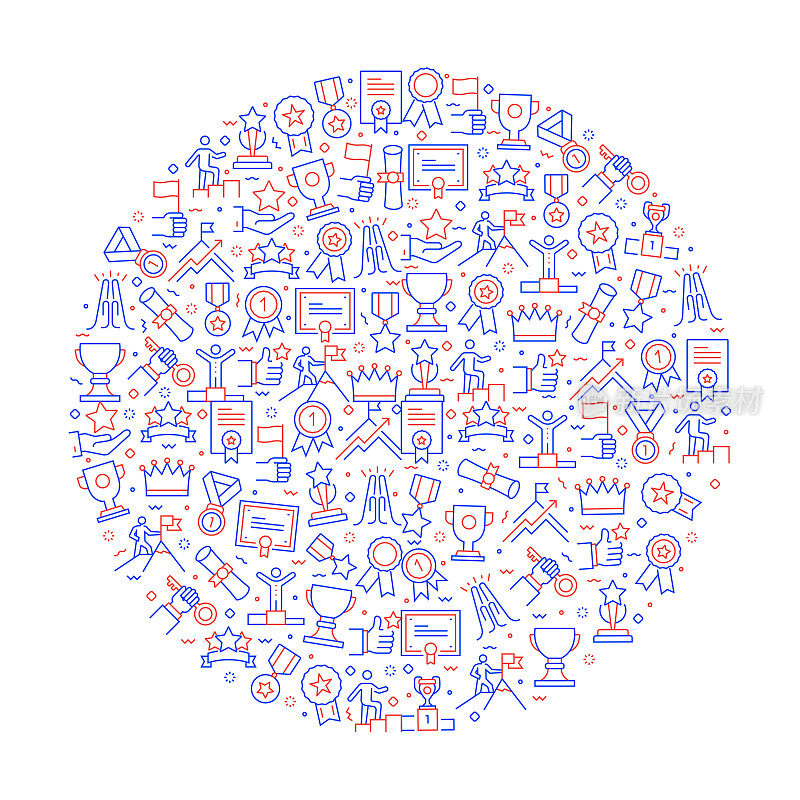 与图标相关的奖励和成功模式。现代线条风格矢量插图