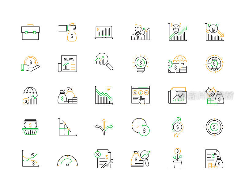 投资线图标，轮廓向量符号插图。像素完美