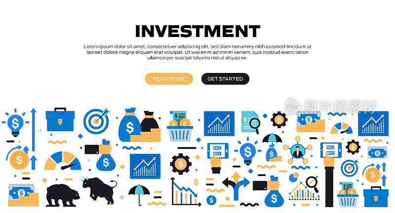 投资相关的矢量组的平面图标和网页横幅设计