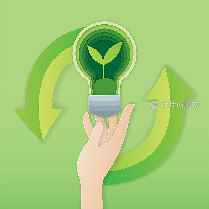 纸艺术风格的手持式灯泡，里面有植物生长，可持续节能理念，可再生能源，绿色生态和环境保护理念