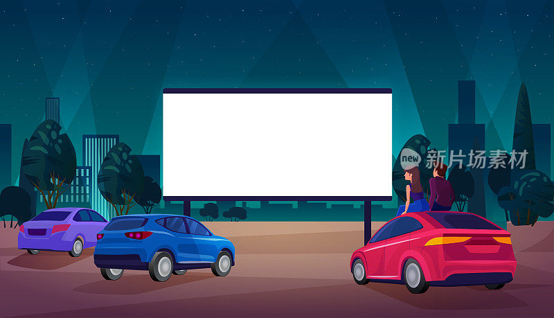 人们在汽车影院的概念矢量插图，卡通夫妇司机角色观看电影在露天影院的大屏幕影院背景